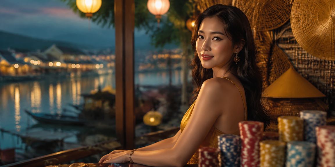 Người chơi slots jackpot tại Hội An với nón lá truyền thống và màn hình hiển thị giải thưởng lớn