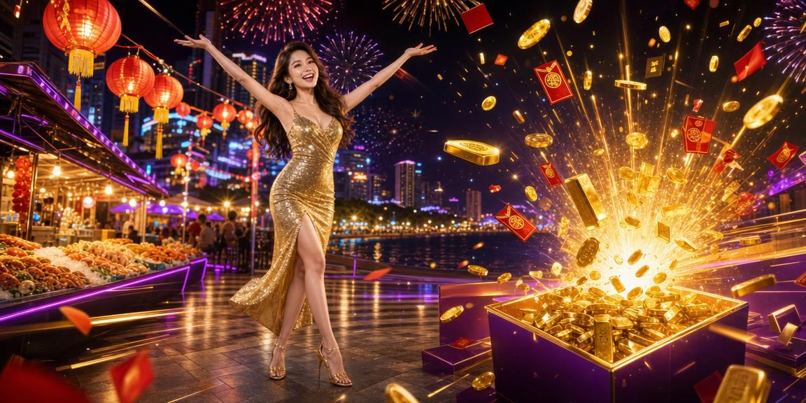 Chợ đêm Nha Trang với phong bao đỏ trang trí và màn hình hiển thị thông tin thưởng